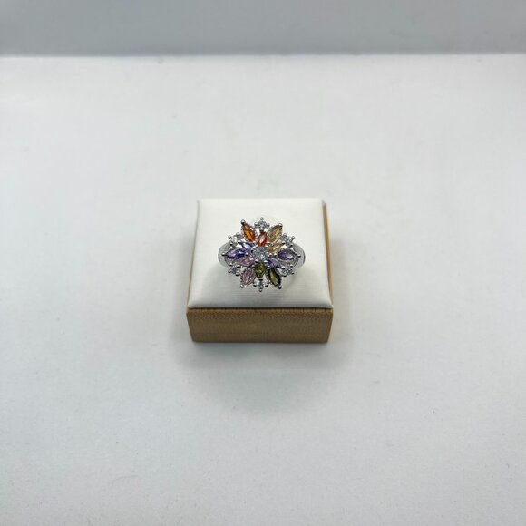 Rainbow Czs Flower Silver Ring - Size 7 - Picture 1 of 6